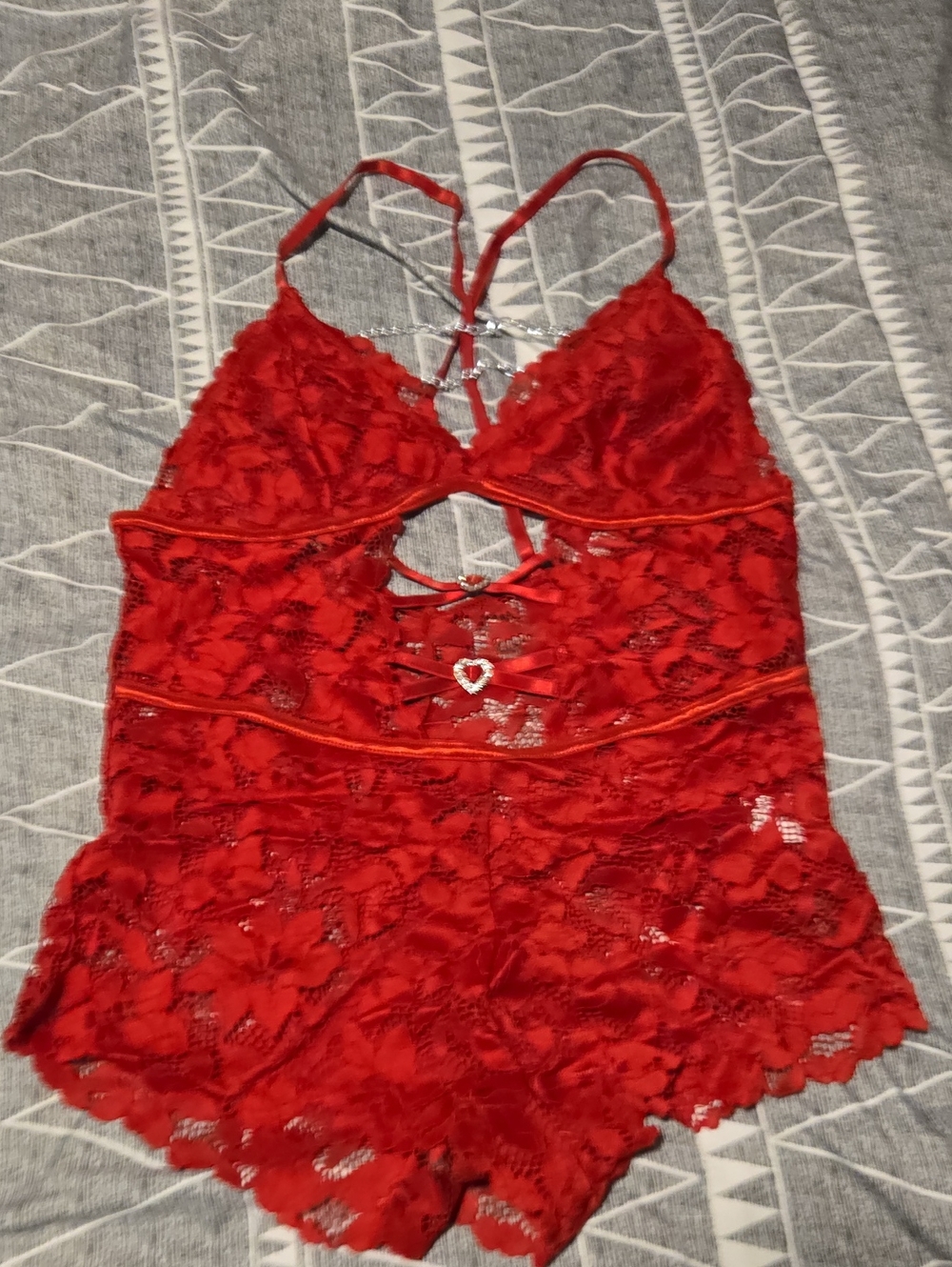Red Lace Teddy Romper with Heart Charm - Unbranded